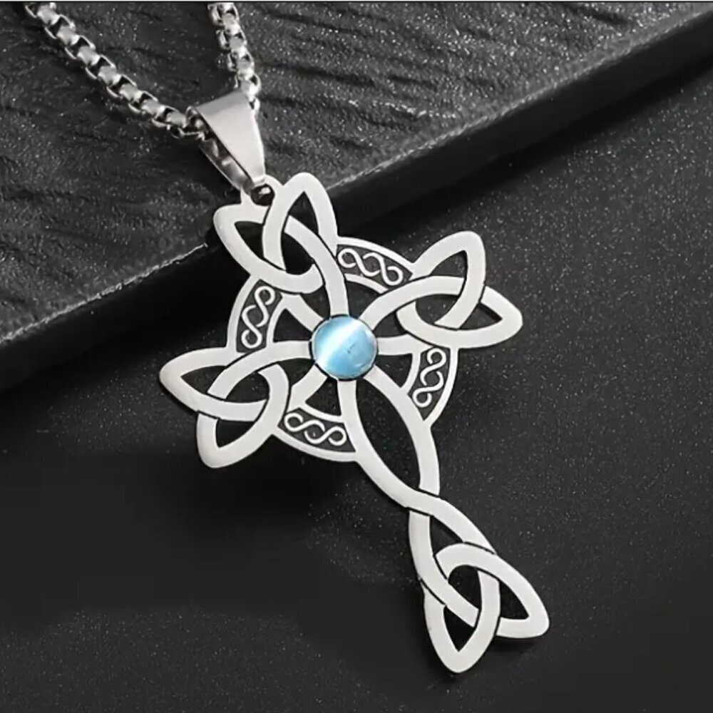 Stainless Steel Celtic Knot Cross Pendant Necklace Synthetic Blue Zirconia NWT